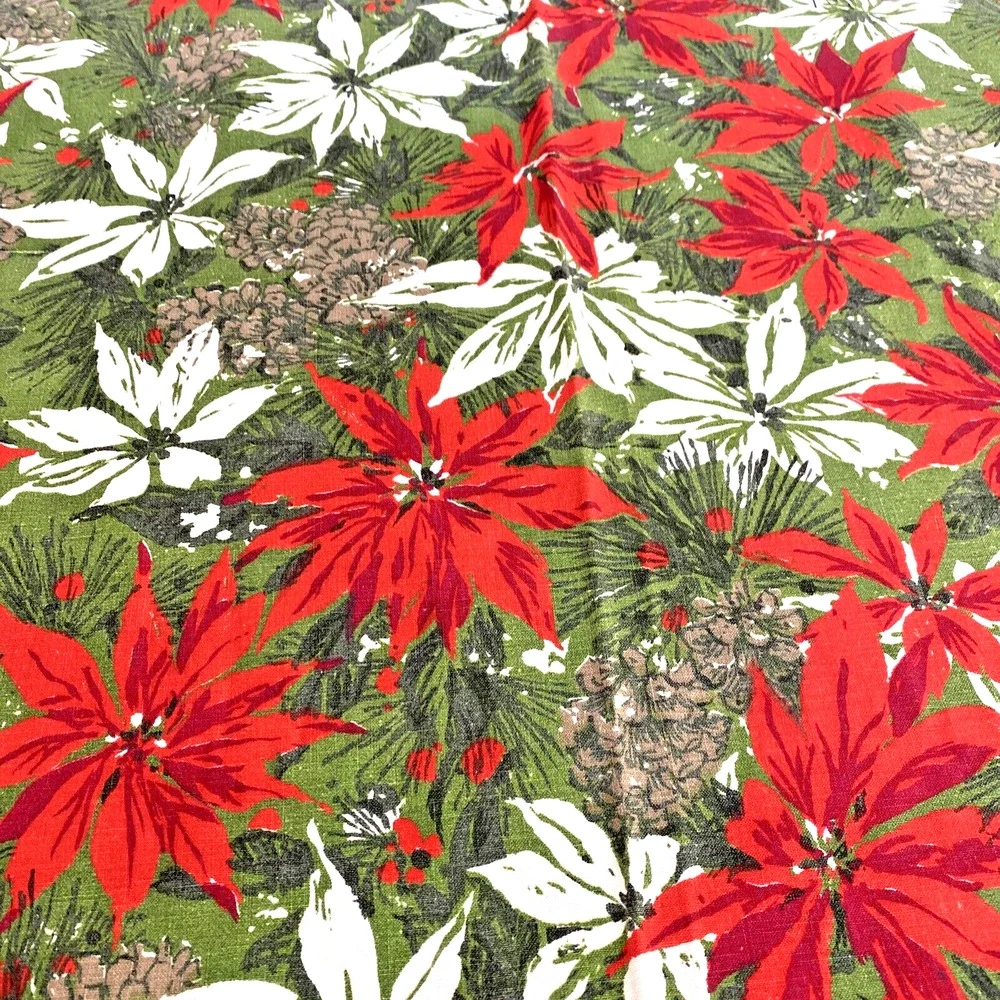 Vintage Christmas Tablecloth 50” Square Poinsettias & Pine Cones Retro 1970's